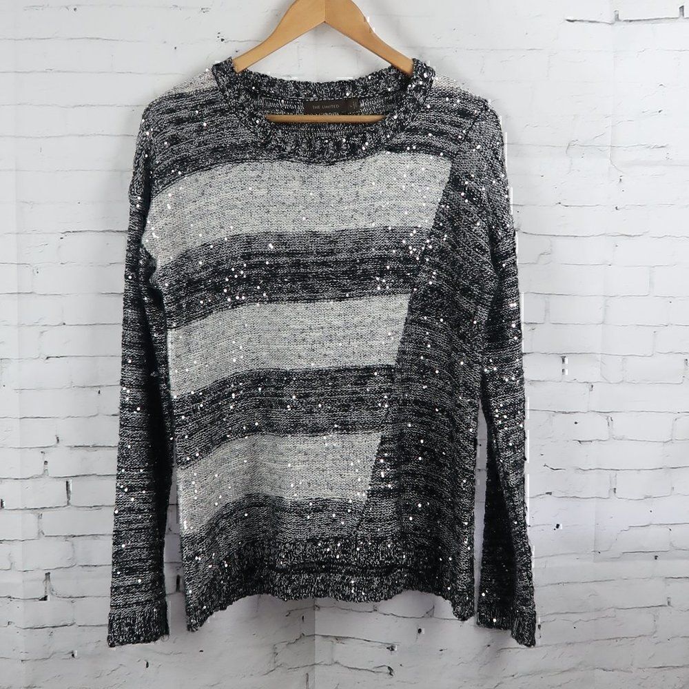 THE LIMITED BLACK GREY SILVER SEQUIN COLOR BLOCK LONG SLEEVE ROUND NECK SWEATER
